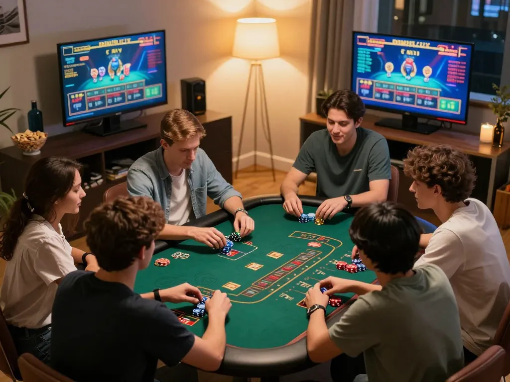 Action de jeu dans les casinos en ligne avec des amis qui élaborent des stratégies pour le blackjack en ligne.