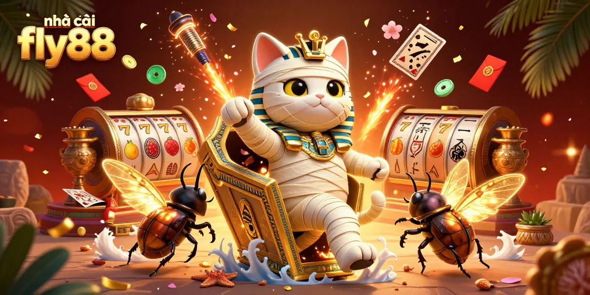 Nhà cái fly88 features a lively Egyptian mummy cat and a scarab in a vibrant casino environment.