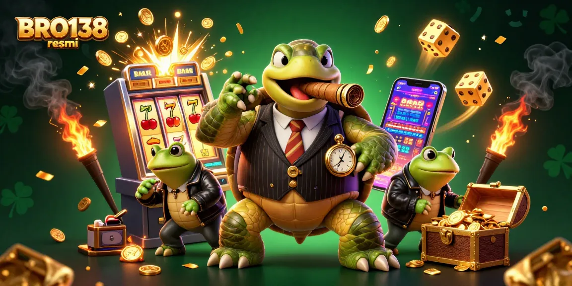 Experience the excitement of BRO138 resmi as the animated turtle celebrates casino wins with jackpot explosions.