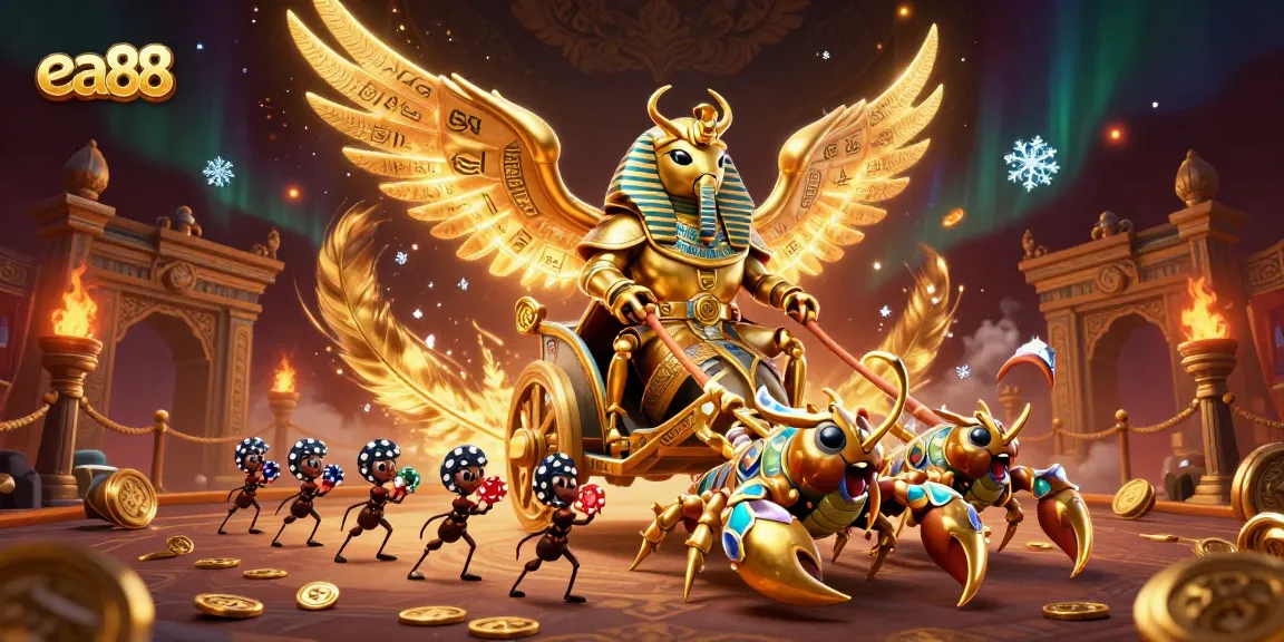 ea88 offers an intense casino experience with a colossal golden scarab beetle amid vibrant game elements.