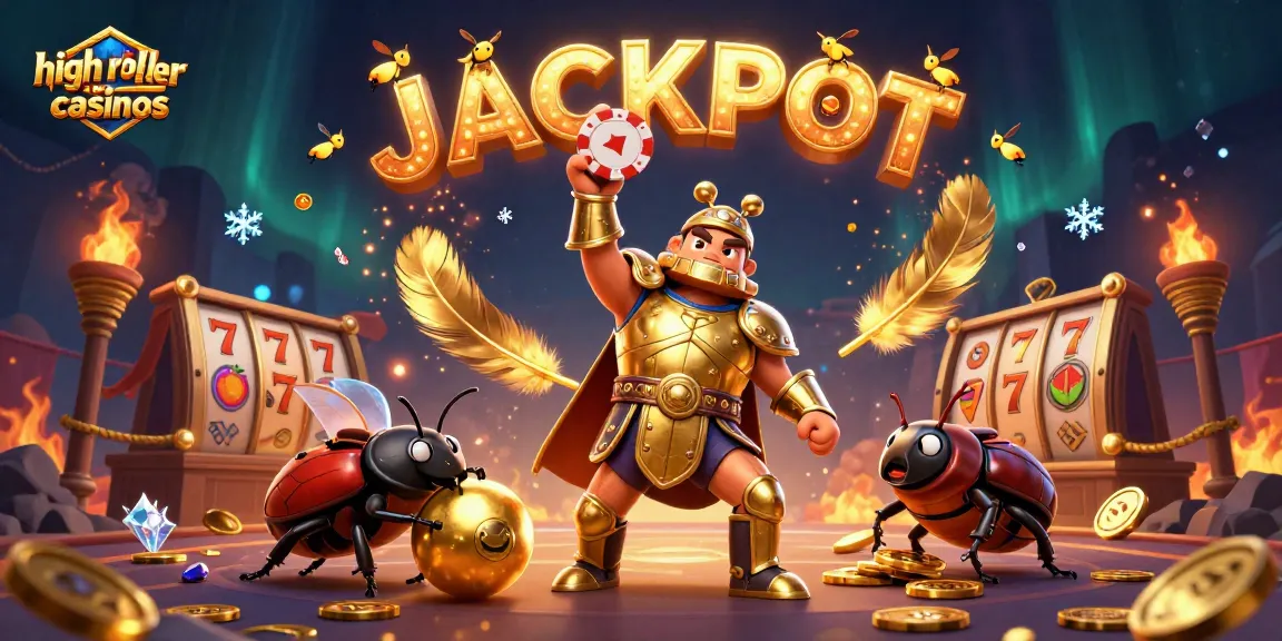 Engage with high roller casinos as vibrant beetle characters celebrate a big win in a dynamic, colorful scene.