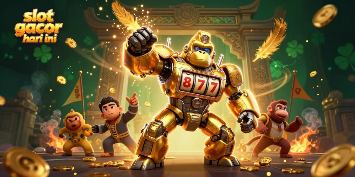 Experience excitement with slot gacor hari ini in a vibrant 3D illustration showcasing a golden gorilla mech.