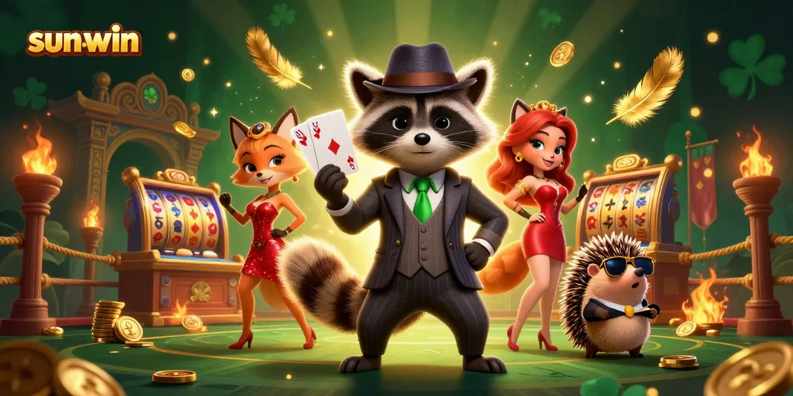Engage with the sun-win casino scene, featuring a suited raccoon with a royal flush and exciting game elements.