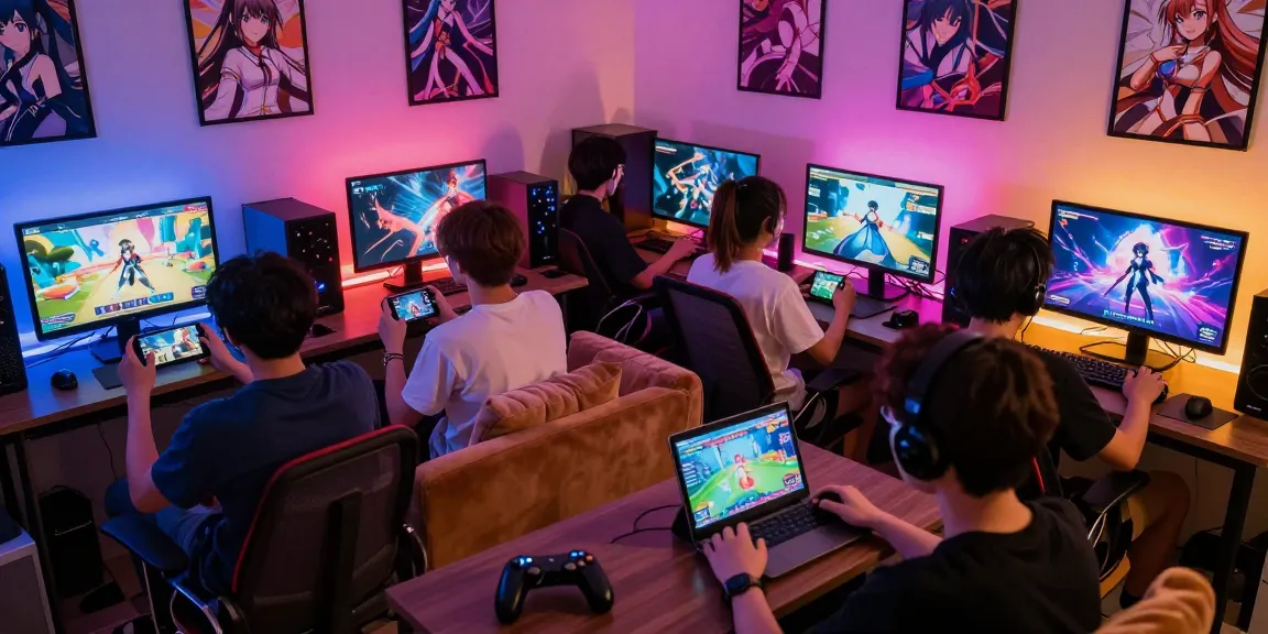 Players enjoying hentaigame on different devices in a colorful gaming room filled with ambient lighting.