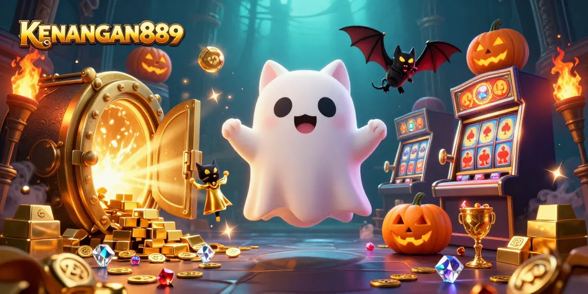 Engage with KENANGAN889 in this vibrant haunted casino scene filled with treasures and surprises.