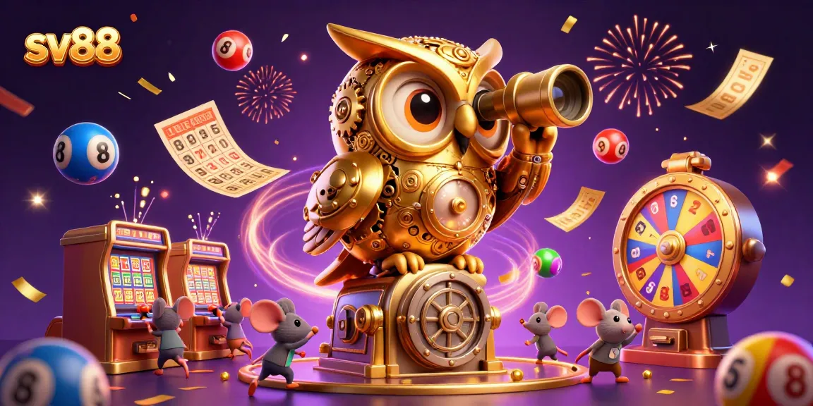 Engage with sv88's vibrant casino scene featuring a clockwork owl and lively casino elements.