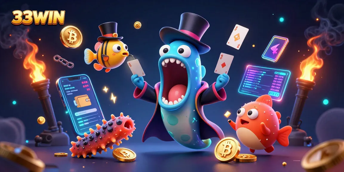33WIN engages players with a 3D magical deep-sea casino illustration full of vibrant elements.