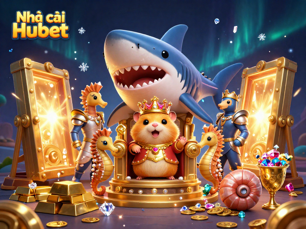 Experience the thrill of play at Nhà cái Hubet surrounded by treasures and vibrant gaming elements.