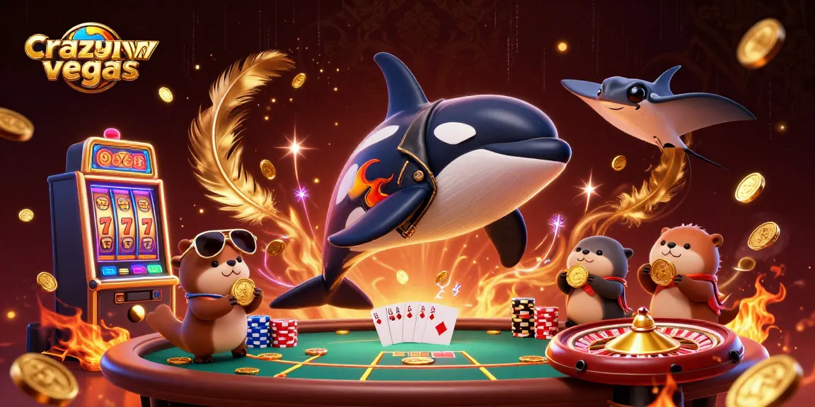 Experience thrilling excitement with crazyvegas as an orca jumps amid dynamic casino elements.