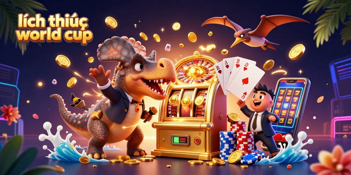 Engage in lịch thi đấu world cup action with dinosaurs, slot machines, and golden coins in a vibrant casino scene.
