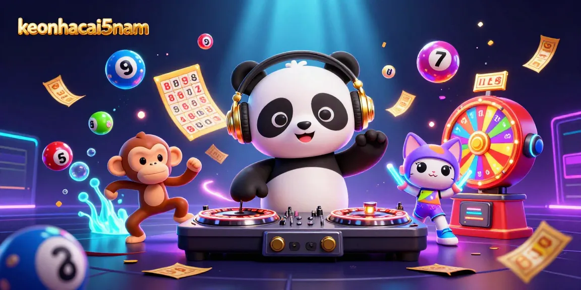 Experience the excitement of keonhacai5nam with interactive lottery themes and vibrant 3D characters in a dynamic casino scene.