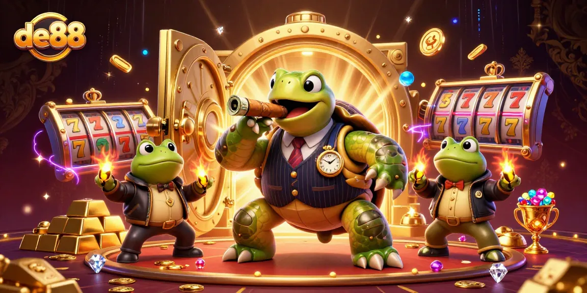 Engage with de88's vibrant casino scene featuring a turtle in a mobster suit surrounded by riches.