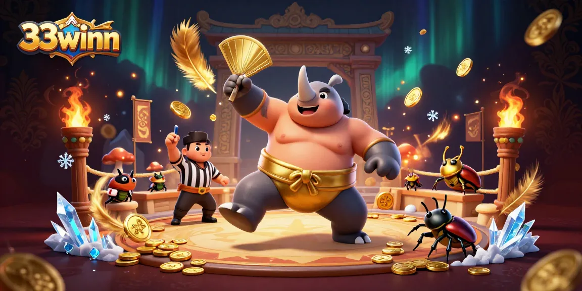 Experience thrilling action in 33winn with a powerful sumo champion beetle amidst gold coins and vibrant game elements.