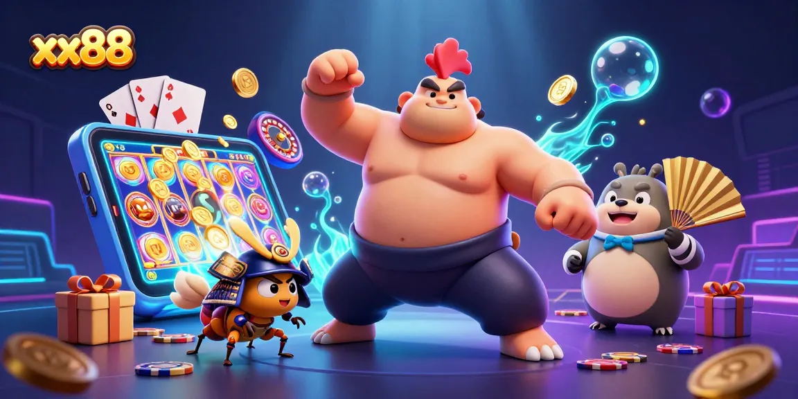 Experience dynamic gaming action with xx88 as a powerful sumo rooster and samurai cricket celebrate winning lines.
