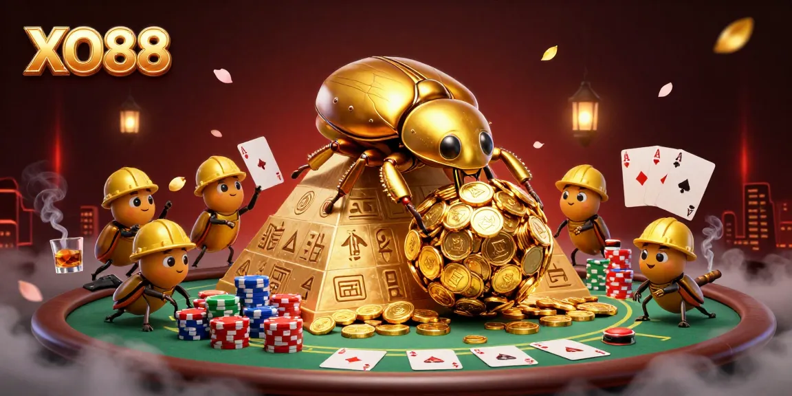 Experience the excitement of XO88 as golden beetles roll coins at a vibrant casino scene.