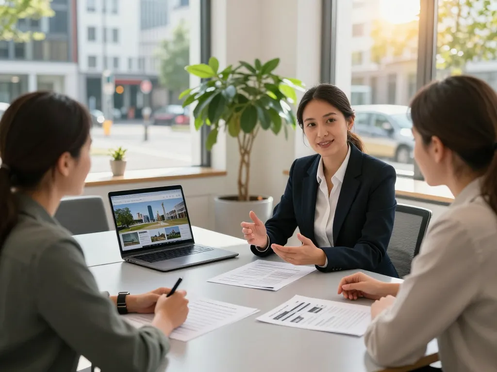 Immobilienmakler unterstützt Kunden in Frankfurt Preungesheim, präsentiert Immobilien und diskutiert effektive Verkaufsstrategien.