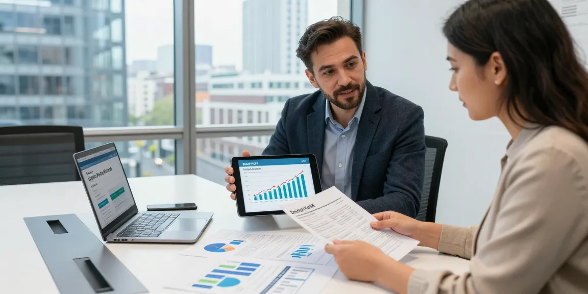 Business energy consultant explaining uk electricity price per kwh april 2026 trends to small business owner in modern office.