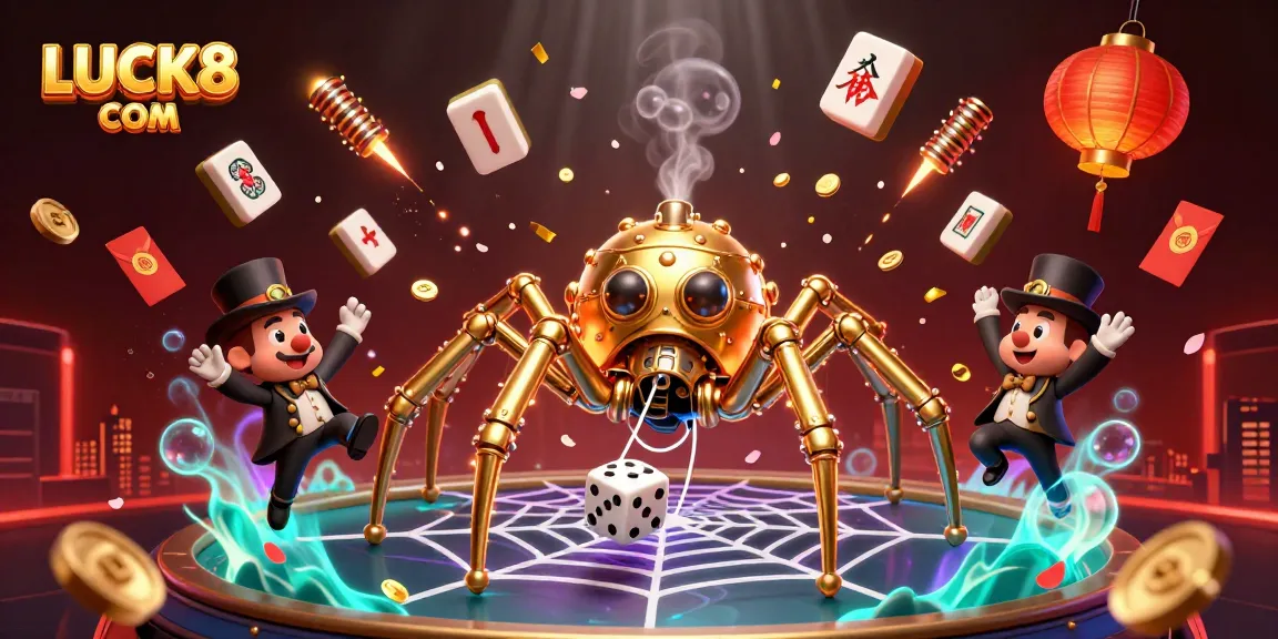 Join the thrilling 3D world of LUCK8 COM with a steampunk spider web and lucky charms!