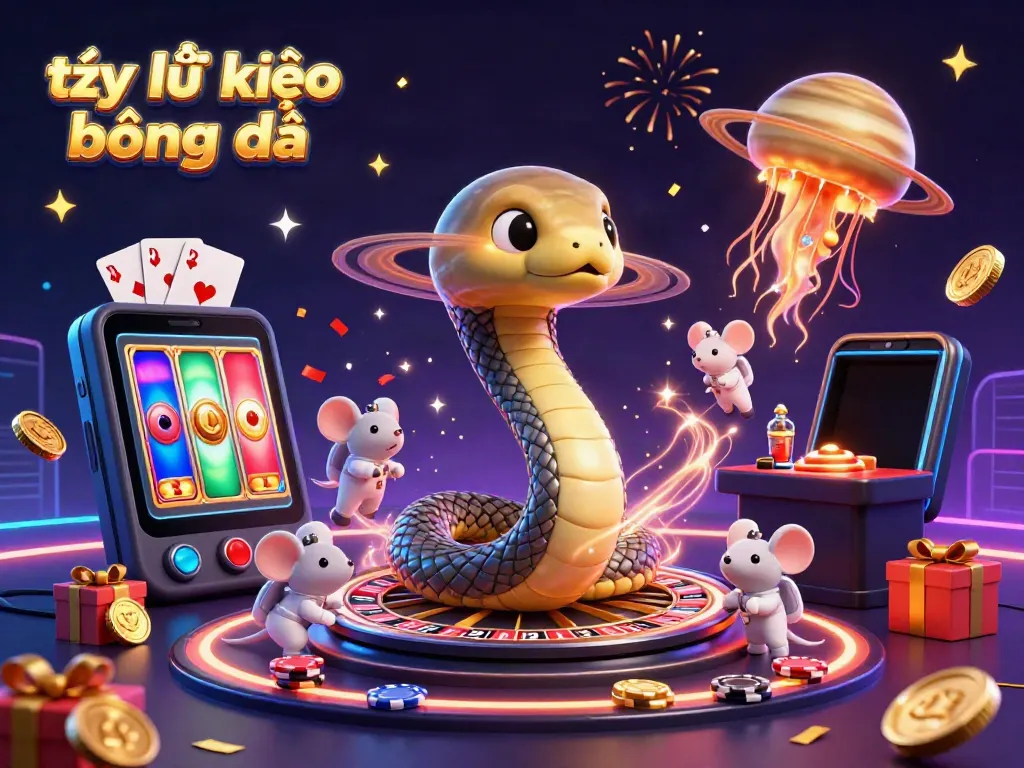 Experience thrilling cosmic bets on tỷ lệ kèo bóng đá with a Saturn ring snake and astronaut mice.