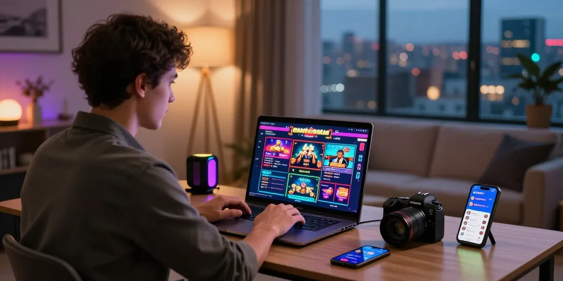 Pengguna LUXURY777 Daftar menikmati pengalaman judi online di ruang tamu modern dengan laptop dan aksesoris gaming.