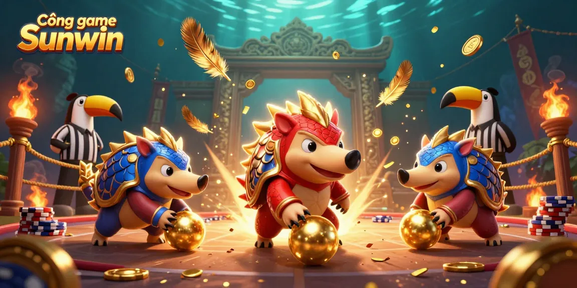 Cổng game Sunwin showcases a vibrant rivalry between two pangolins rolling golden balls, creating an exhilarating casino scene.