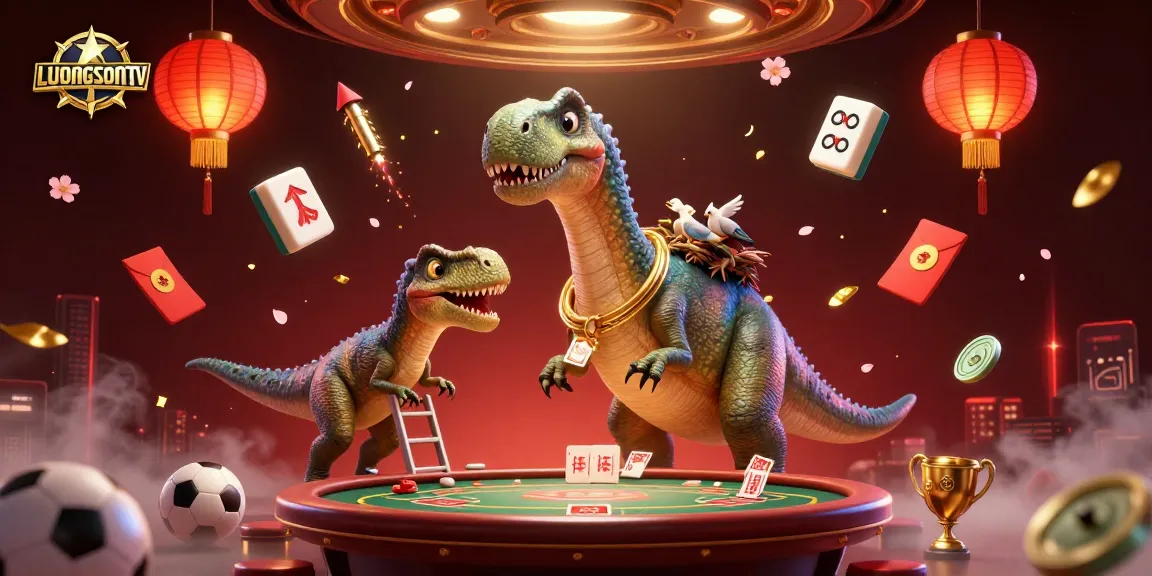 Enjoy the excitement of LUONGSONTV sports betting with a giant brontosaurus amongst colorful gaming elements.