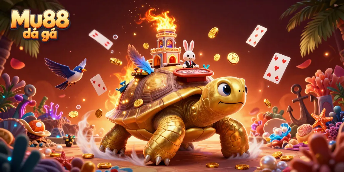 Engage in Mu88 đá gà with an iconic illustration featuring a tortoise casino, lively characters, and dynamic gaming elements.