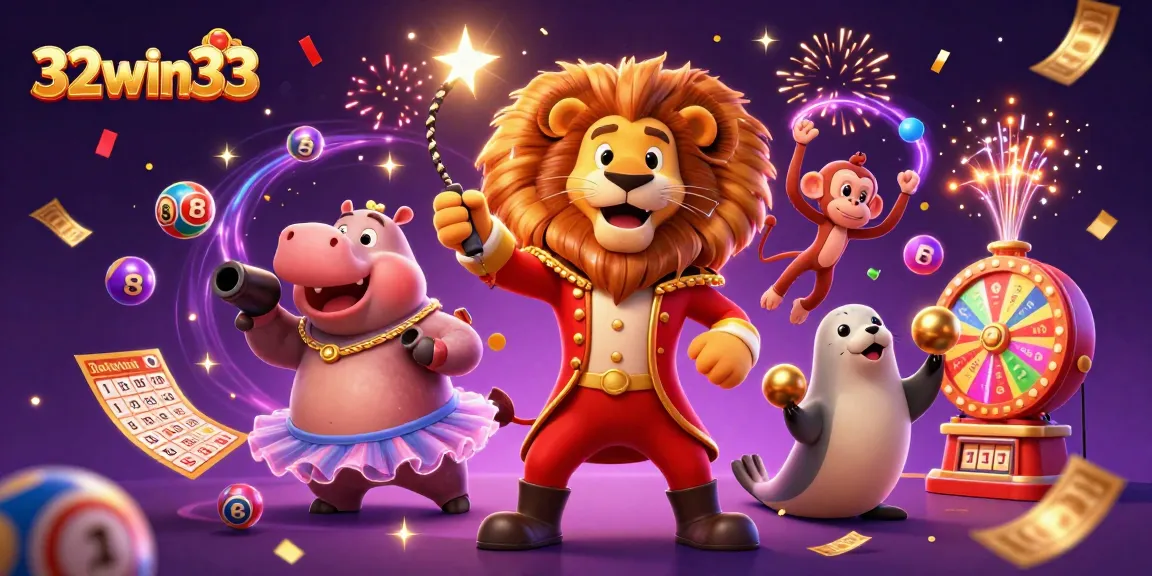 Experience the excitement at 32win33 with vibrant lottery-themed characters and dynamic game elements.