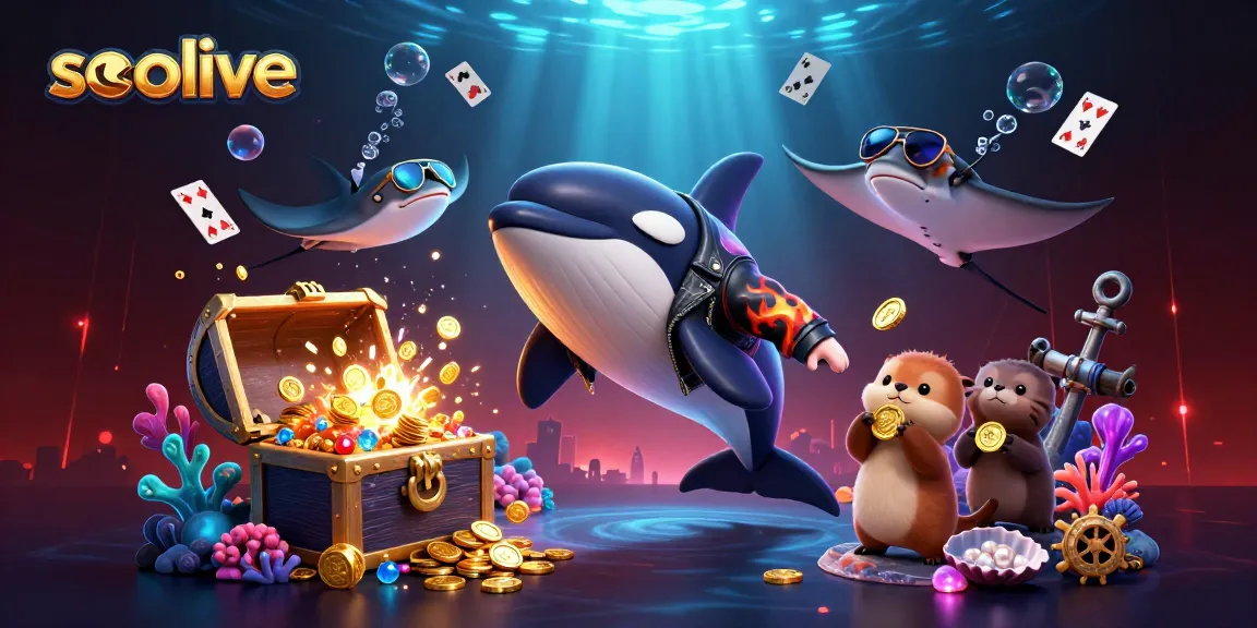 Experience socolive's dynamic cartoon scene with sea characters celebrating wins and treasures.