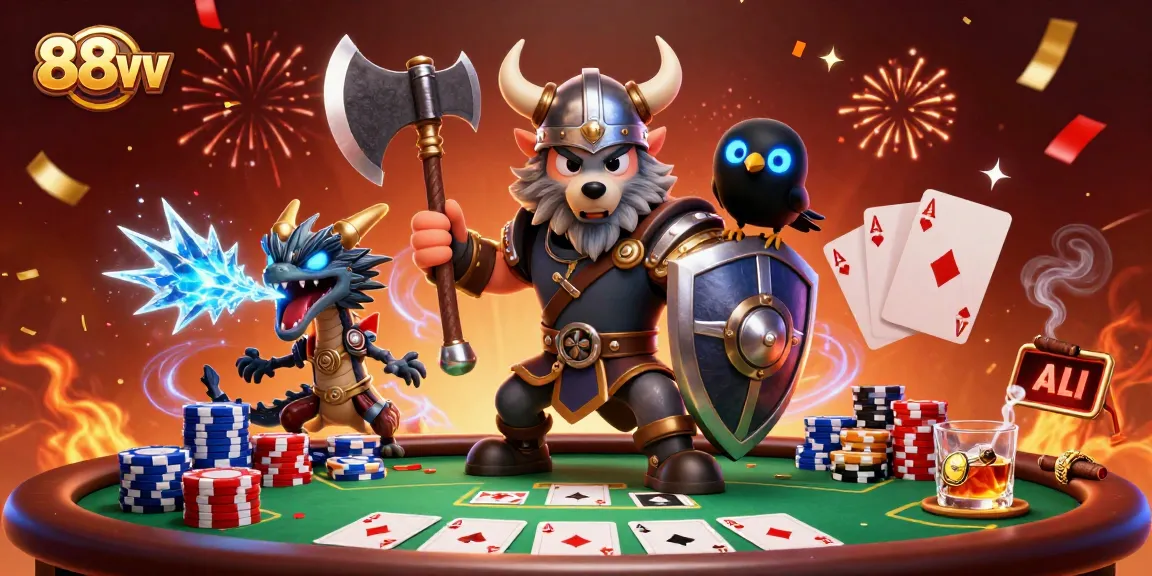 Experience the excitement of gambling with 88vv in an action-packed poker scene featuring a Viking wolf and dragon.