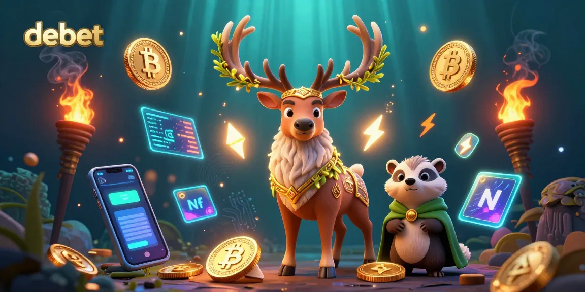 Engage with debet through a mystical 3D casino scene featuring a druid stag and badger among Bitcoin and Ethereum coins.