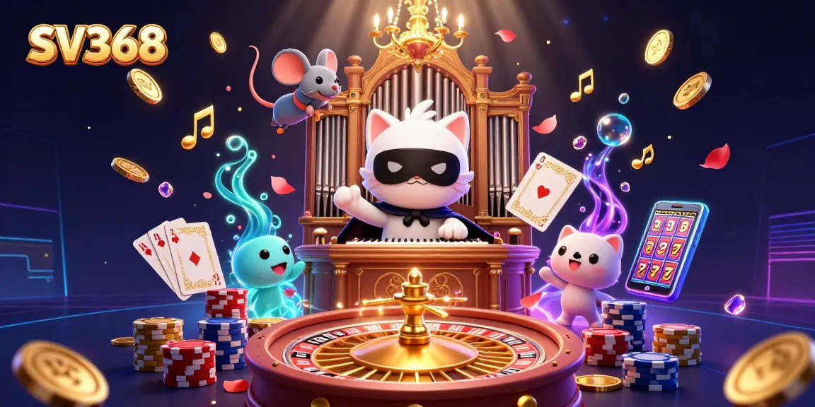 Experience thrilling games at SV368 with a captivating casino illustration featuring iconic elements.