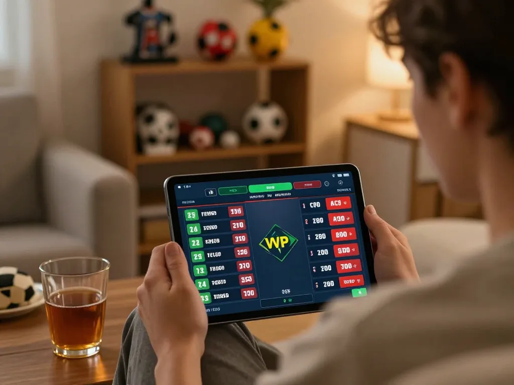 Analyzing tỷ lệ kèo nhà cái 5 during online sports betting on a tablet in a cozy home atmosphere