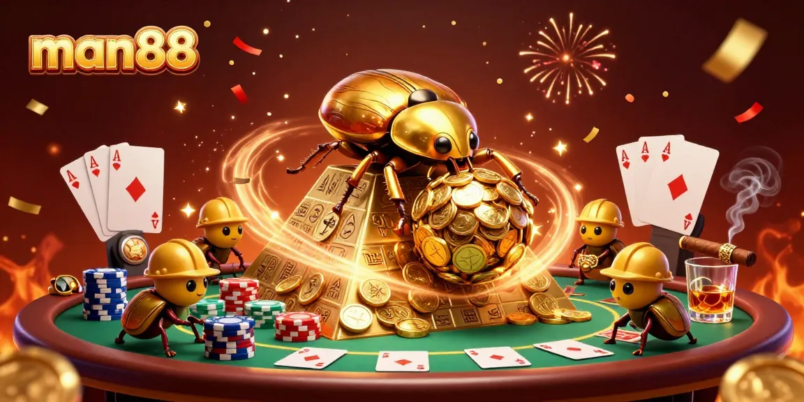 Experience winning strategies at man88 with golden coins, poker elements, and celebration effects in this vibrant illustration.
