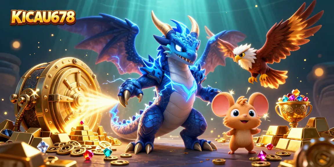 KICAU678 showcases thrilling gambling action with vibrant characters, gold treasures, and dynamic elements