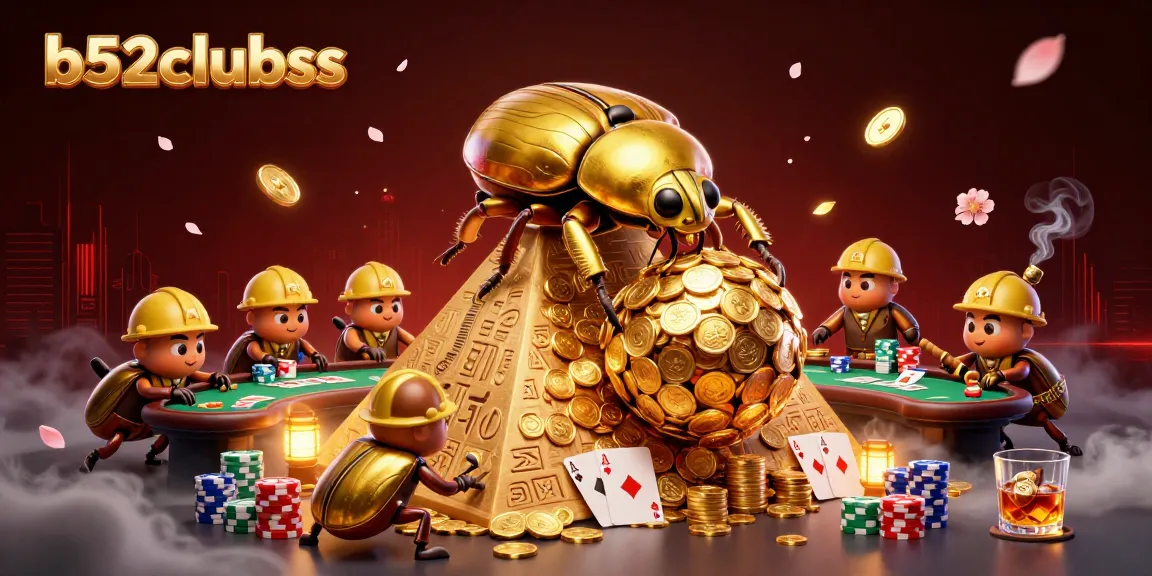 b52clubss showcases a lively scene with golden beetles rolling coins and vibrant poker elements.
