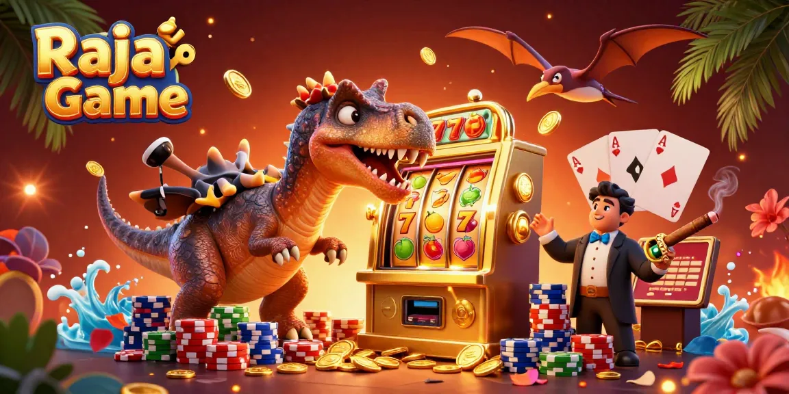 Raja Game showcases a 3D dinosaur breaking a jackpot slot machine amidst a colorful casino backdrop filled with wins.
