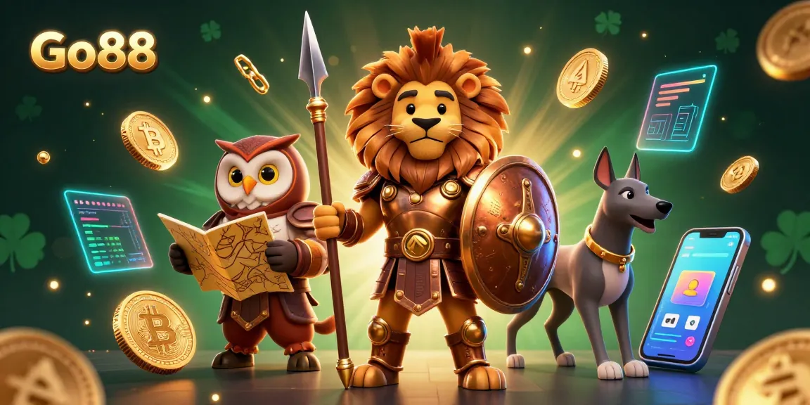 Engage with Go88's thrilling gameplay, featuring a Spartan lion amidst crypto-themed visuals.