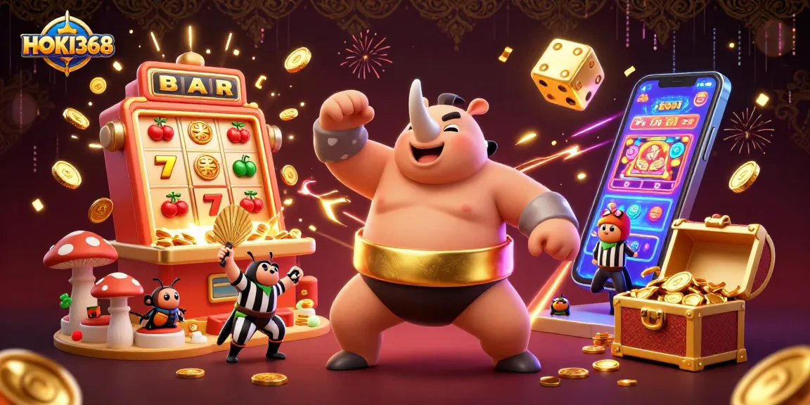 HOKI368 showcases a vibrant casino scene with a beetle champion amidst flying coins and slot machine action.