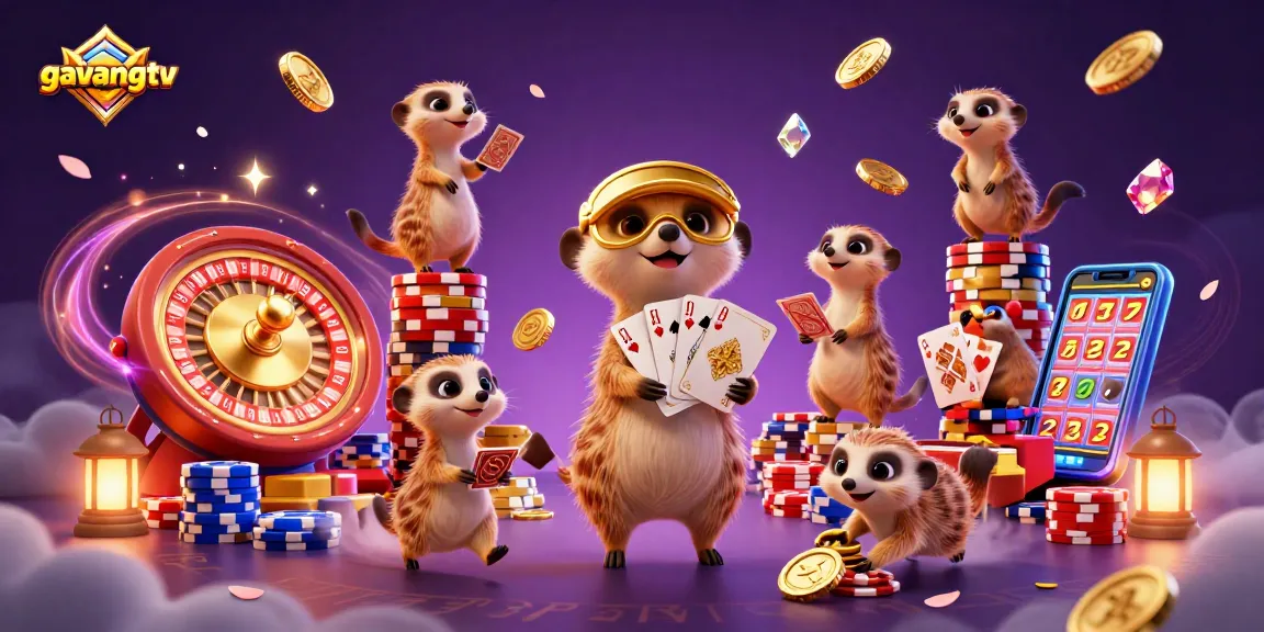 Engage with fun at the gavangtv casino with a colony of meerkats managing games, flying coins, and vibrant action.