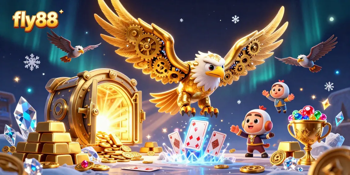Fly88 showcases a thrilling gaming experience with a dynamic golden eagle and vibrant casino elements.