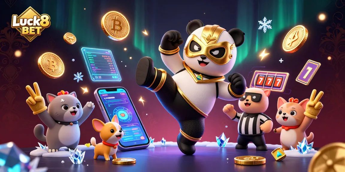 Experience the thrill of Luck8 BET with vibrant casino action featuring colorful characters and crypto elements.