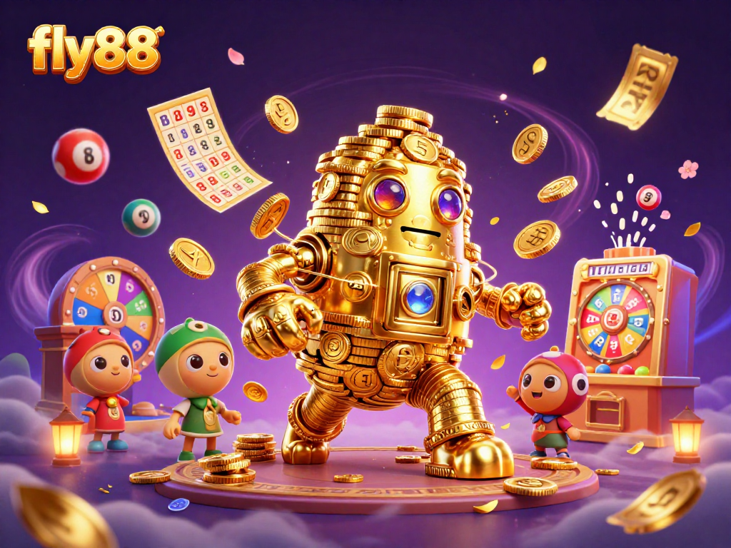 Experience excitement at fly88 with our vibrant lottery balls and golden golem in a dynamic gambling scene.