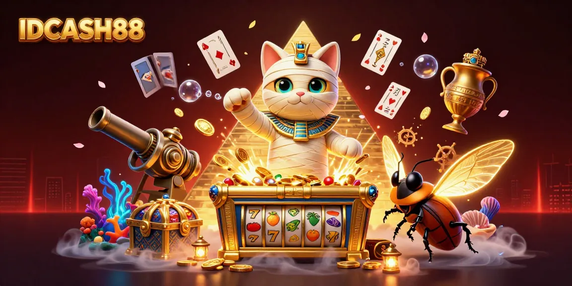 IDCASH88 features a vibrant 3D Egyptian mummy cat bursting from a sarcophagus, surrounded by rich casino elements.