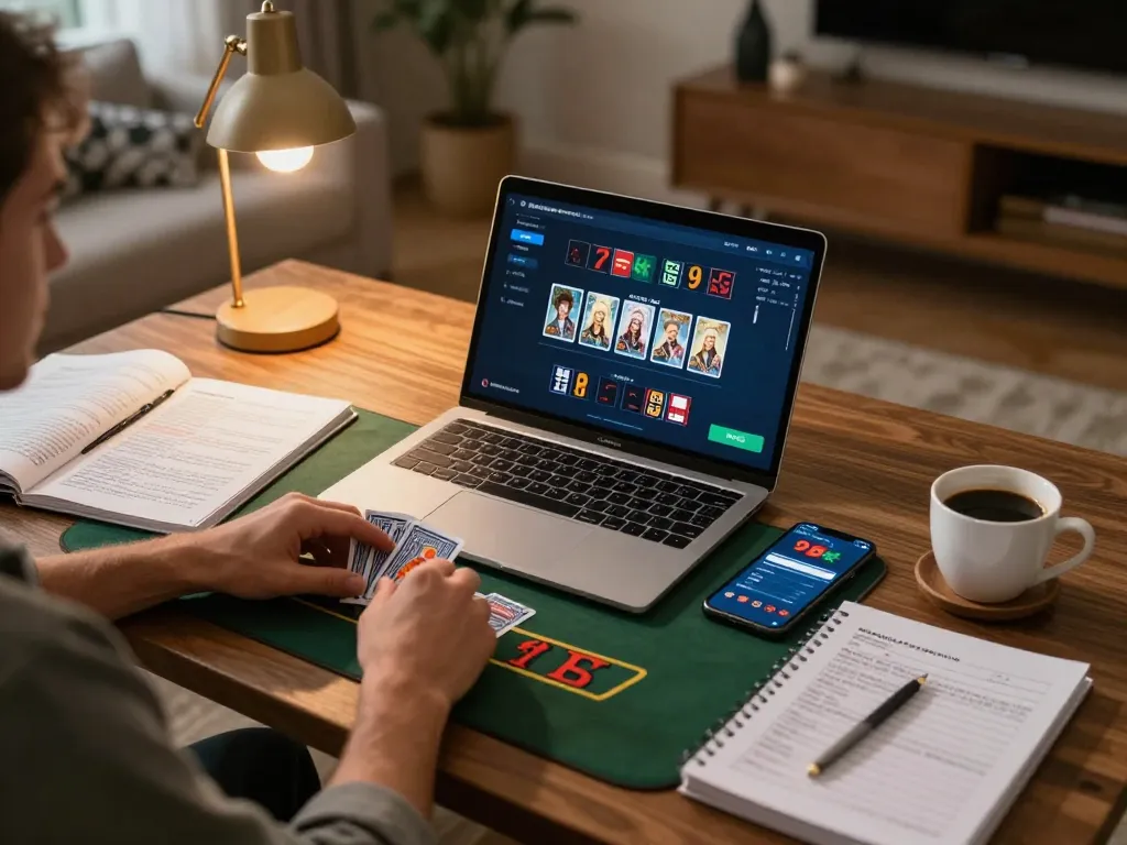 Engaging with 9bet online blackjack on a laptop in a cozy home setting while reviewing strategy notes