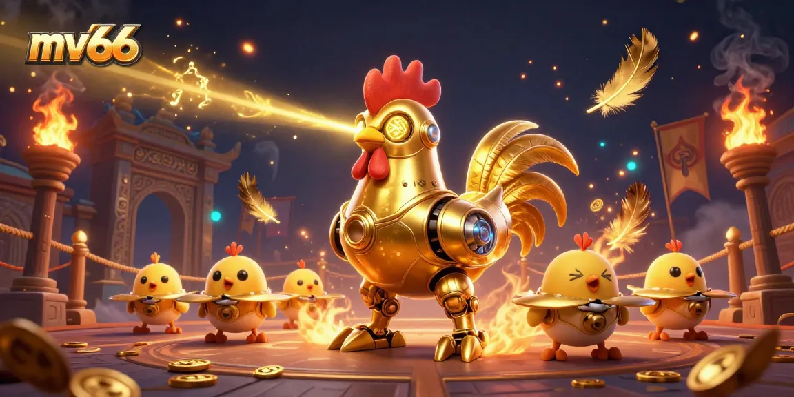 Bet on mv66 as the golden rooster robot shoots lasers, amidst a dynamic casino atmosphere.