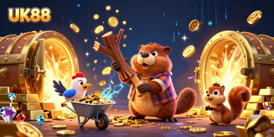 Experience exciting wins with UK88 as a beaver and friends gather coins in a vibrant, animated casino