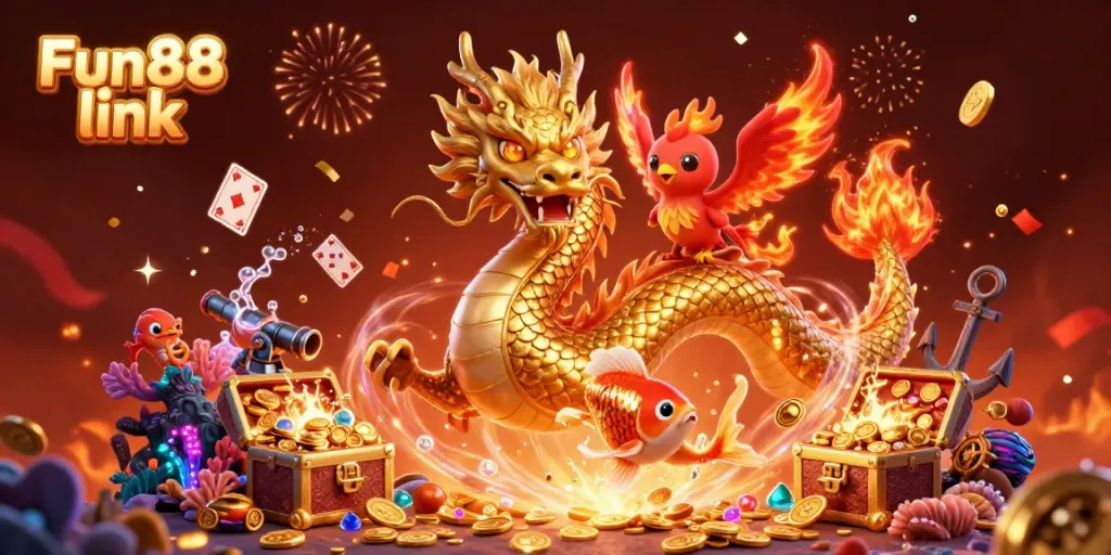 Experience thrilling gaming with the Fun88 link featuring vibrant dragons and treasure in an exciting atmosphere.