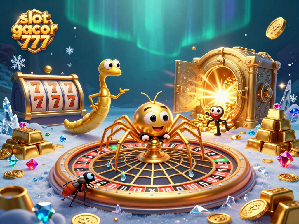 Experience excitement with slot gacor 777 at a vibrant casino scene featuring a golden spider and treasures.