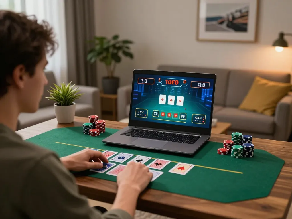 Player engaging with the da88 blackjack game on laptop, showcasing a responsible gaming environment.